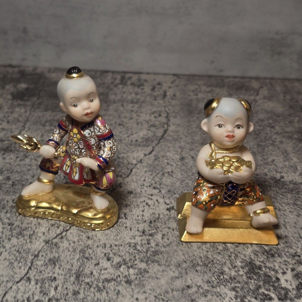 2 Sirin Thai Fine Porcelain Figurines Miniatures Doll Thailand Gold Hanuman 3"